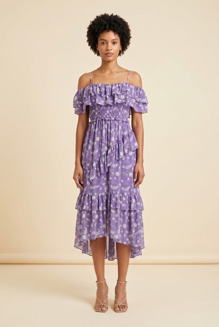 Ulla Johnson Penninah Iris Purple Floral Cold Shoulder Hi-Low Silk Midi Dress 10